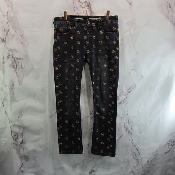 Pilcro Jeans Womens 26 Black Gold Floral Skinny Mid Rise Slim Straight - Picture 6 of 12
